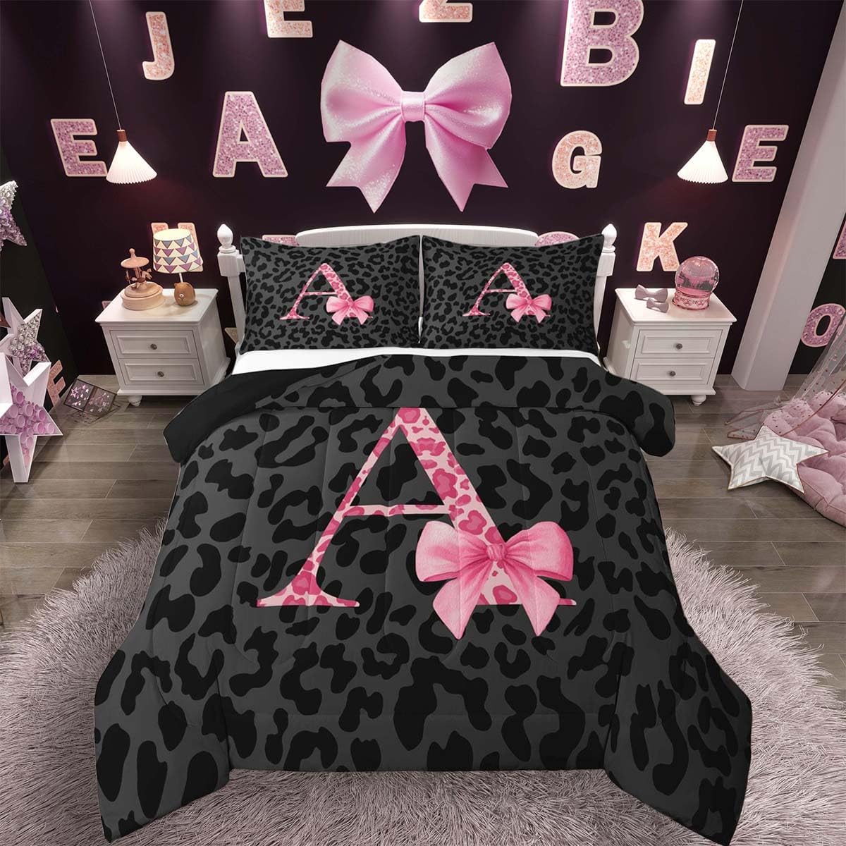 jejeloiu Initial Letter A Kids Comforter Set Queen Size Leopard Print Bedding Set Pink Bowknot Alphabet Duvet Quilt for Kids Girls Women Bedroom Cheetah Skin Decor Microfiber Ultra Soft Breathable