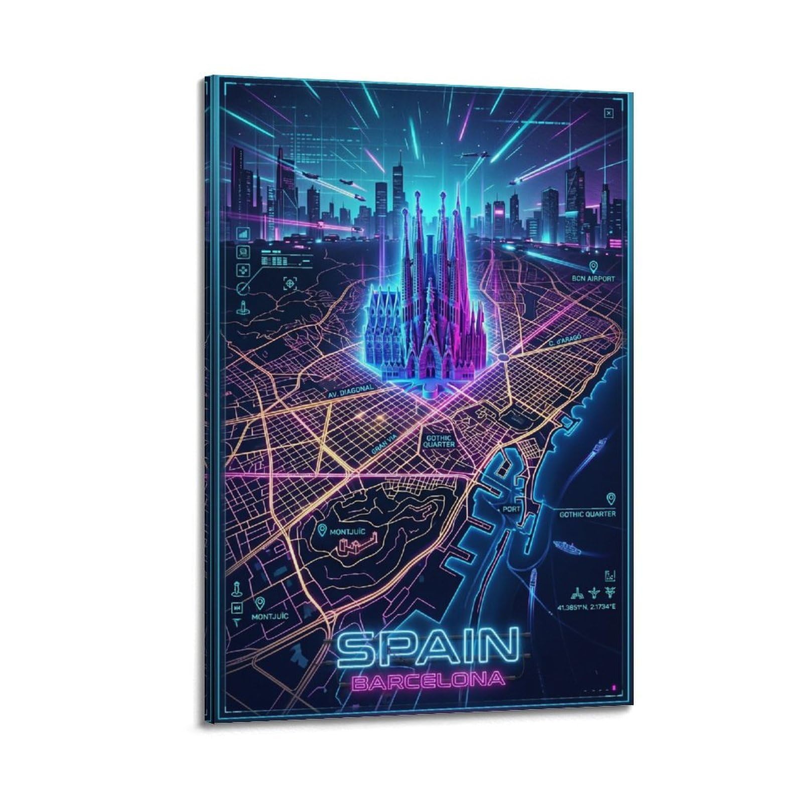 XKUGA Barcelona Spain Future City Neon Travel Poster Modern Decorative Canvas Prints - Ideal Wall Art for Family, Man Cave, Game Room, Boys & Girls Bedroom 16x24inch(40x60cm)