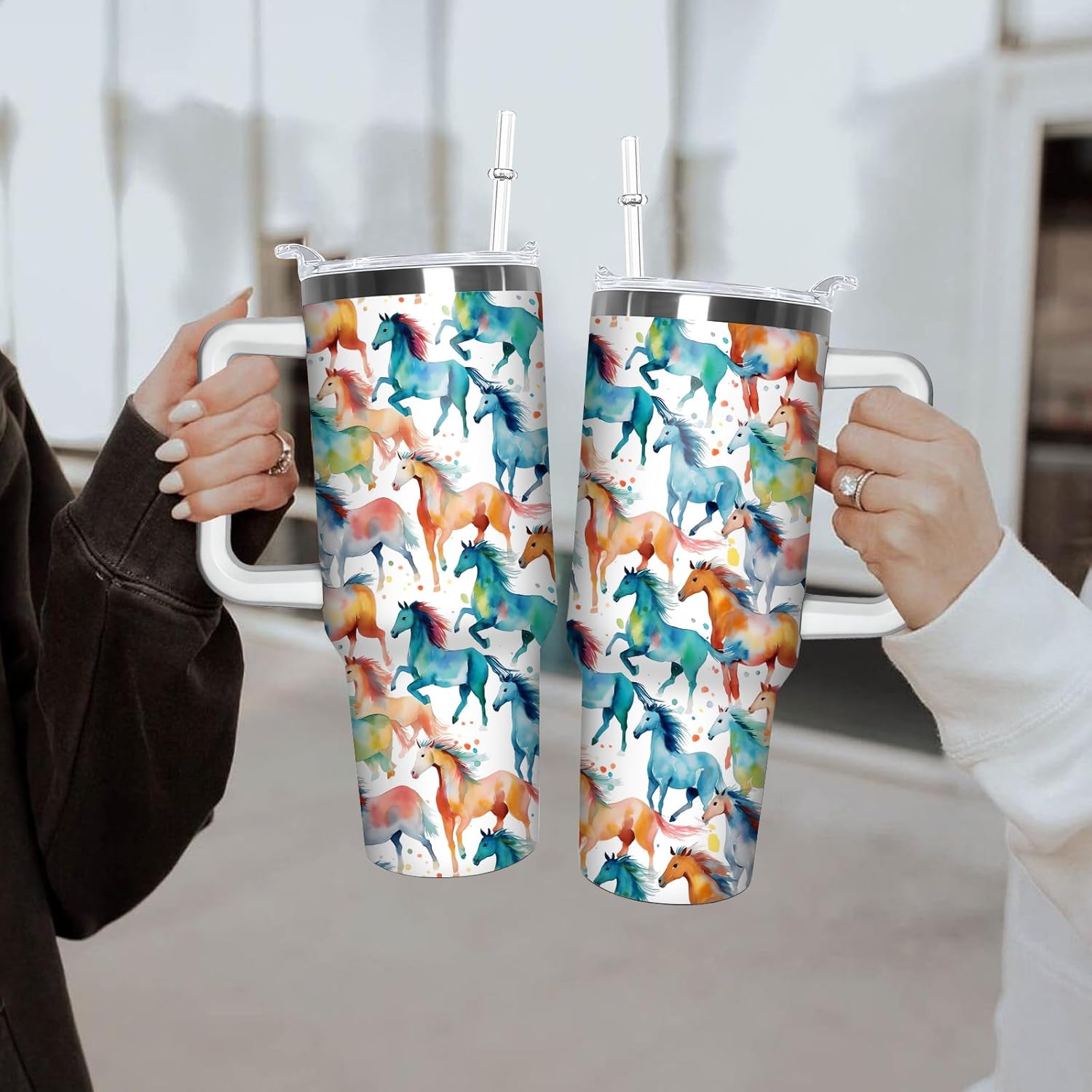 40 oz Horse Tumbler With Handle and Straw, 40oz Insulated Stainless Coffee Mugs Cup Water Bottle Gifts for Women Girls