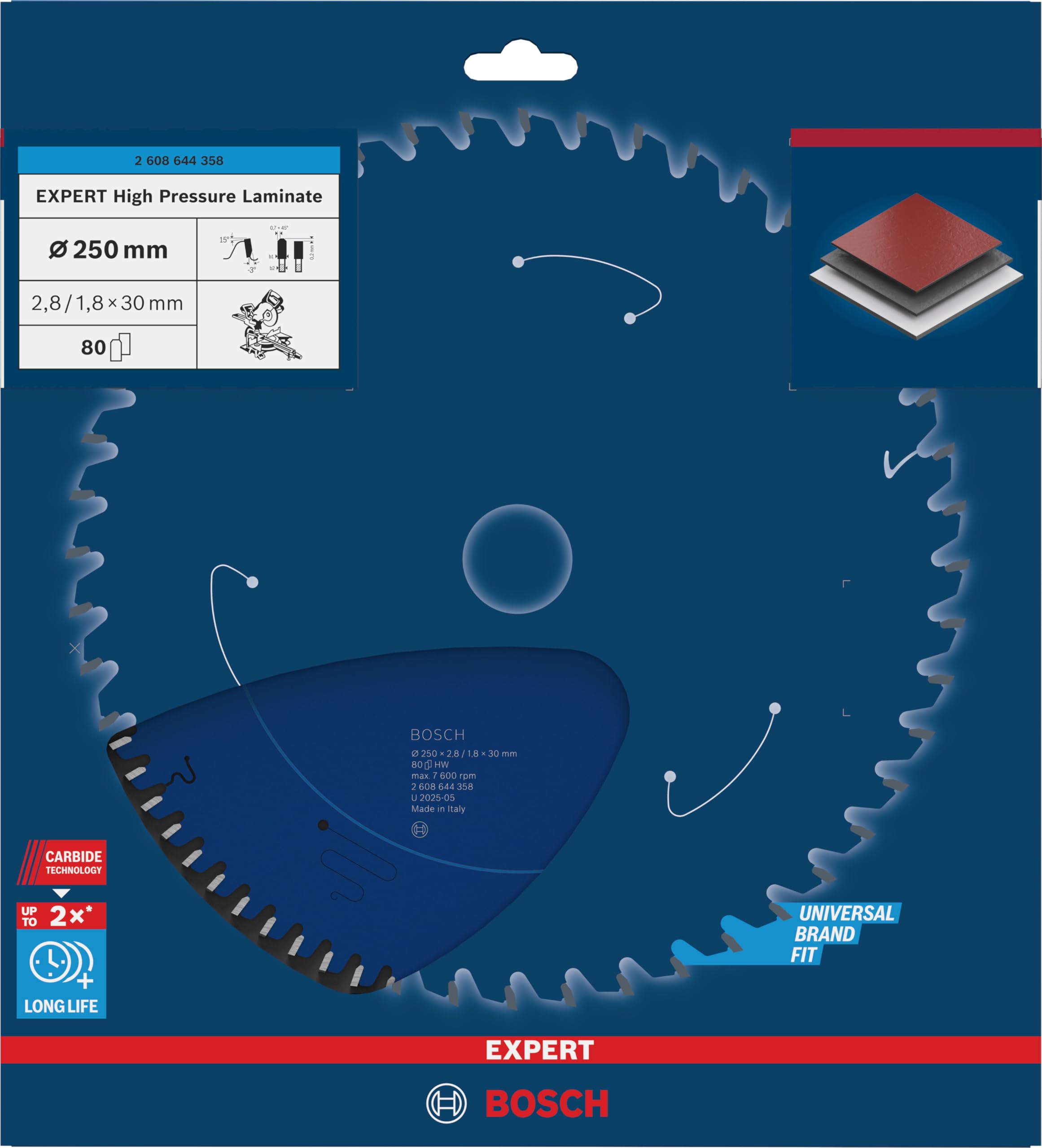 Bosch Professional Disco de sierra circular Expert for High Pressure Laminate para laminado de alta presión, 250 x 30 x 2.8 mm, accesorio de sierra circular