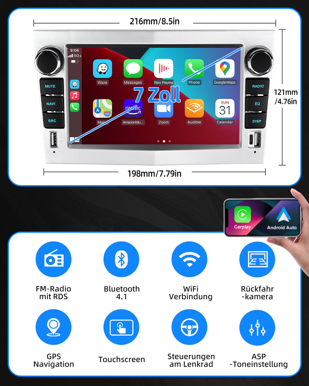 ESSGOO 4+64G Wireless Autoradio Android 14 mit Carplay und Android Auto Für Opel Corsa C/D Zafira B Astra G H 7 Zoll IPS Touchscreen Bluetooth FM RDS GPS Silber