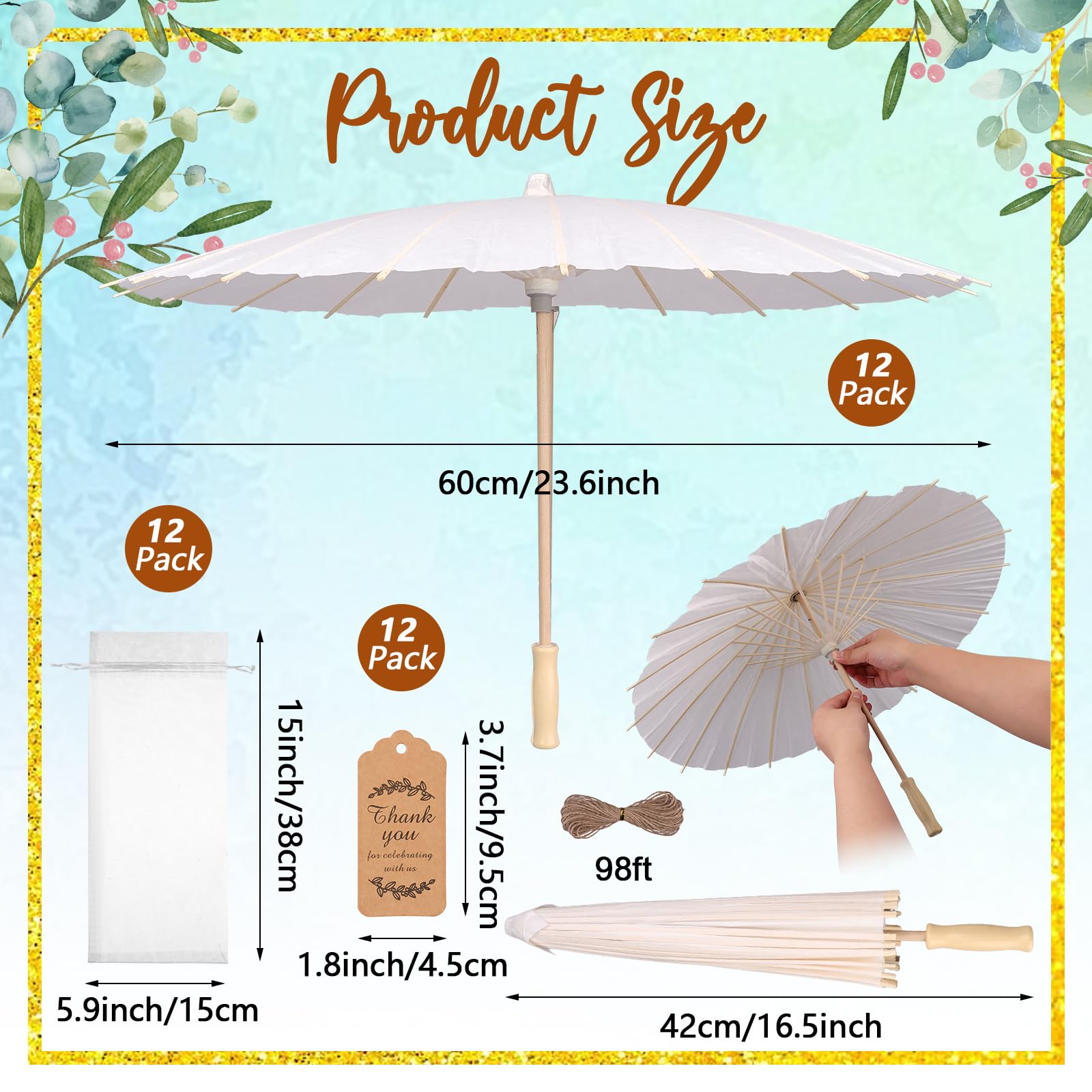 60cm Wedding Paper Parasol Umbrellas Set Thank You Cards White Drawstring Bag Favors Chinese Japanese Umbrella DIY Oiled Paper Painting Parasol for Photography Props Bridal Decor
