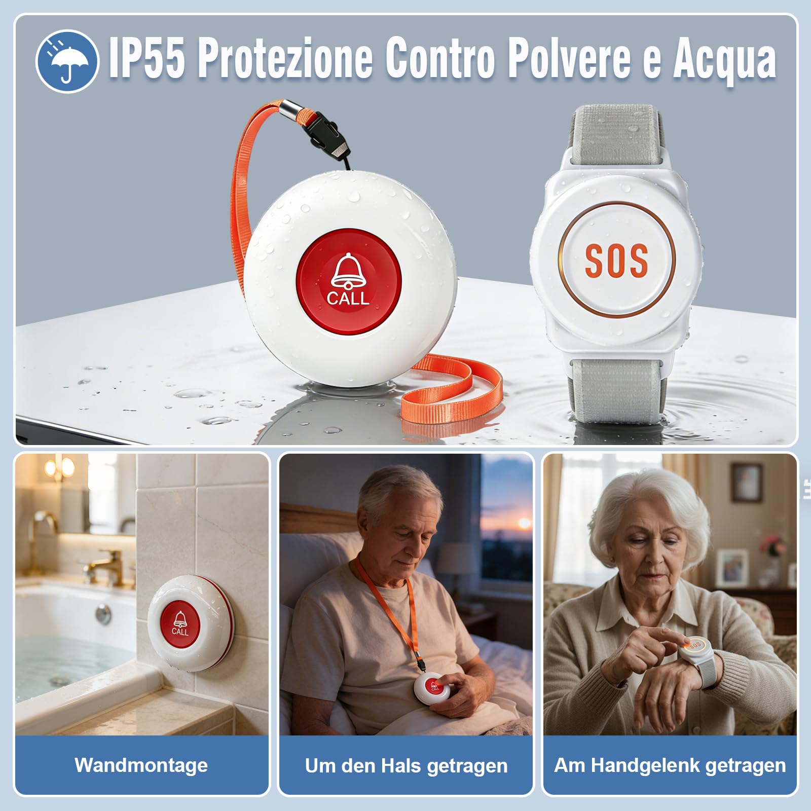 Pulsante di emergenza per anziani Sistema di telesoccorso interno Bracciale di emergenza per anziani Ricevitore ricaricabile Allarme SOS (Ricevitore*2 + Braccialetto*1 + Trasmettitore*1)
