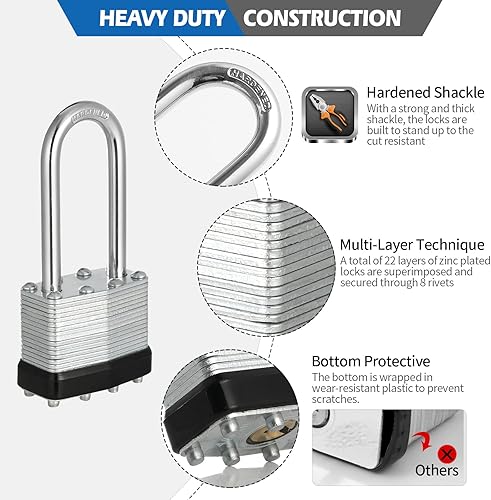 Miniatura 5 de Candados con llave igual, candados chapados en níquel, juego de 12, cerradura de llave con cuerpo de 1-916 pulgadas de ancho, grillete de 1 pulgada