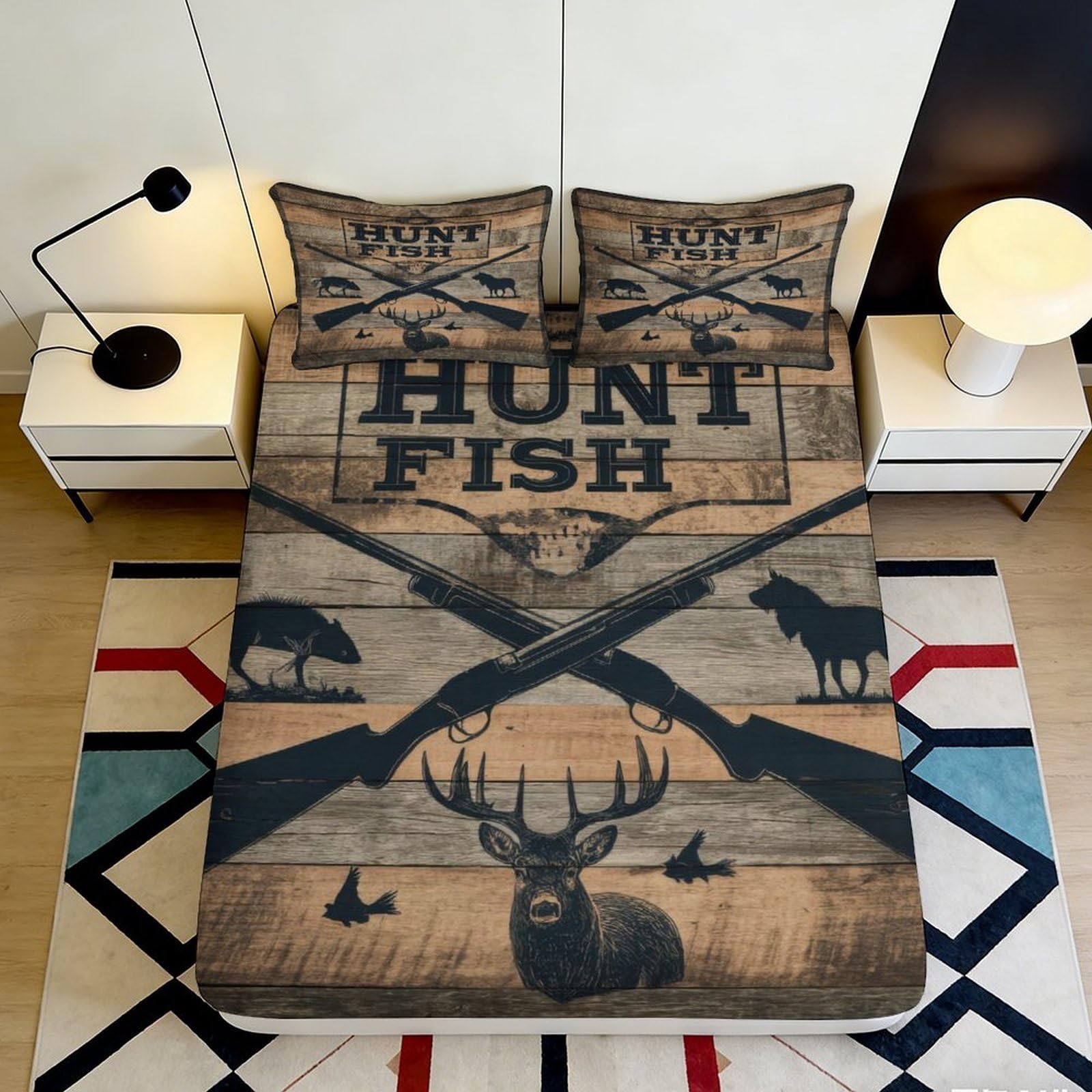 Jqzkxnhpbr Style-4 3D Printed Rustic Hunt Fish Fitted Sheet Microfiber Soft Animal Elk Mattress Cover For Bedroom Dorm Decor Protection 90X200x25cm
