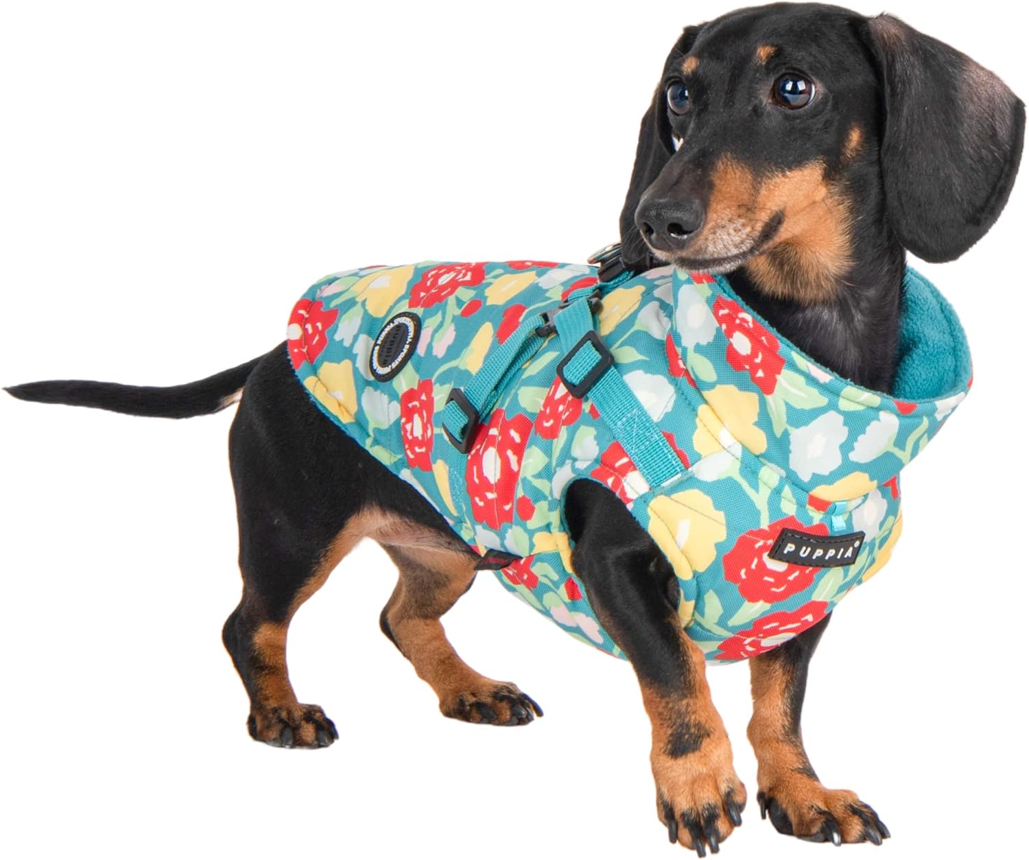 Puppia Alyssa Winter Dog Coat with Integrated Harness No Pull Cold Weather Waterproof Warm Fleece Back Zipper for Small & Medium Dog, Aqua, Small