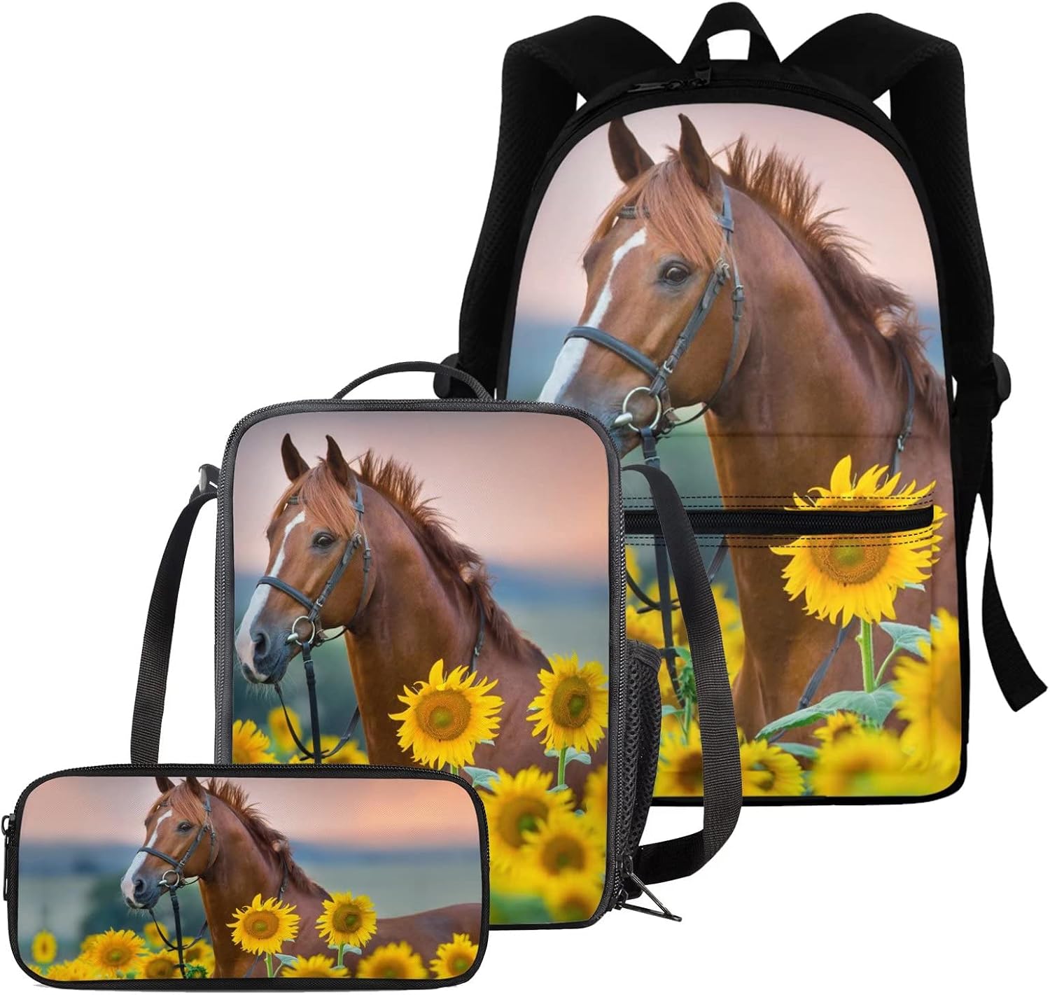 BIGCARJOB Horse Sunflower Backpack Set for Boys Teens,Set Of 3 Pcs Animal Horse Schoolbags Set with Cute Pencil Case,Insulated Lunch Box for Kids Children Back to School Bookbags Set