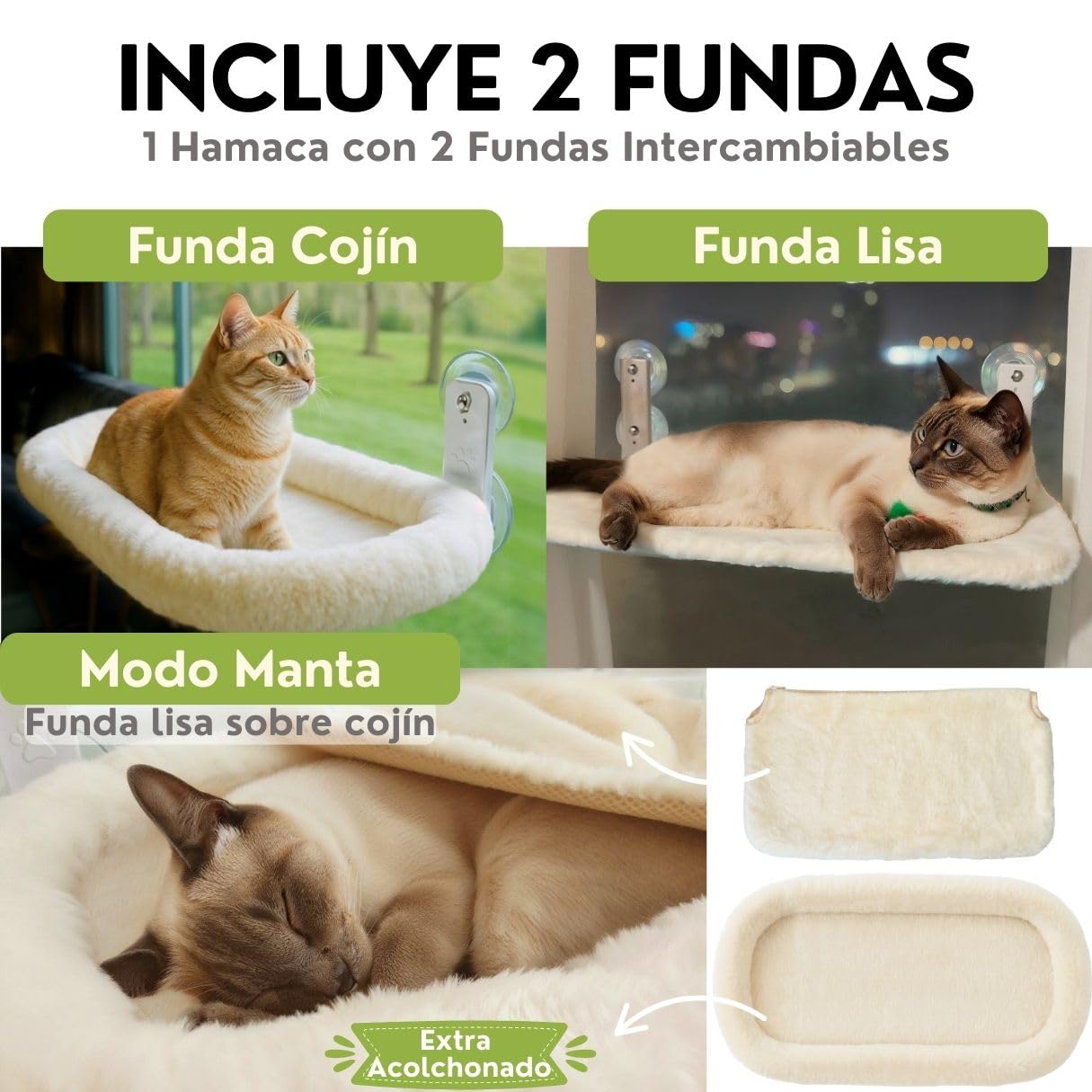 Hamaca Gato Ventana con Cojín + Funda Manta para Gatos + Montaje Pared | Cama Ventana para Gatos pequeños y Grandes. Reversible Verano Invierno | Cama Gato Beige