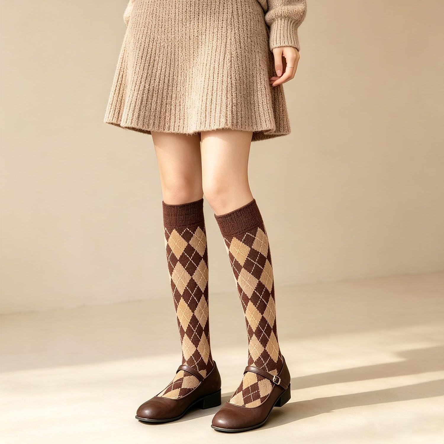 Argyle Knee High Socks Vintage Argyle Socks Long Tube Stocking for Women Halloween Christmas Party Daily Use