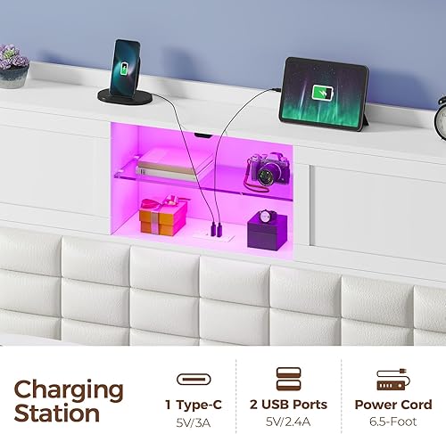 Miniatura 4 de Rolanstar Marco de cama tamaño individual con estación de carga, cabecera con estantería con luz LED y puertas correderas, cama de plataforma con