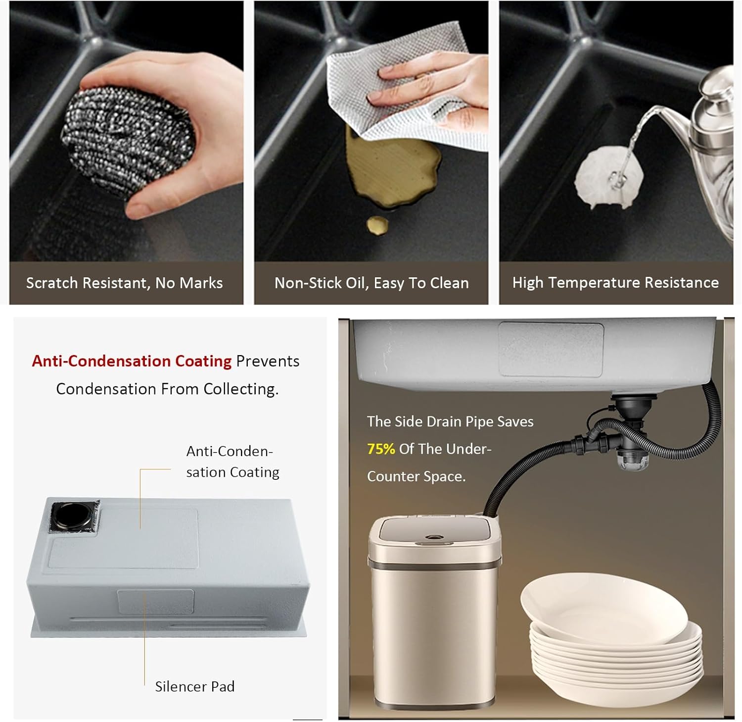 Waterfall Kitchen Sink With Pull Out Faucet, Cup Washer, Drinking Tap & Drain Kits, 304 Stainless Steel Workstation Sink, Kitchen Cleaning Basin, Black Grey Bar/Prep Sink ,One Color-68x46x21cm