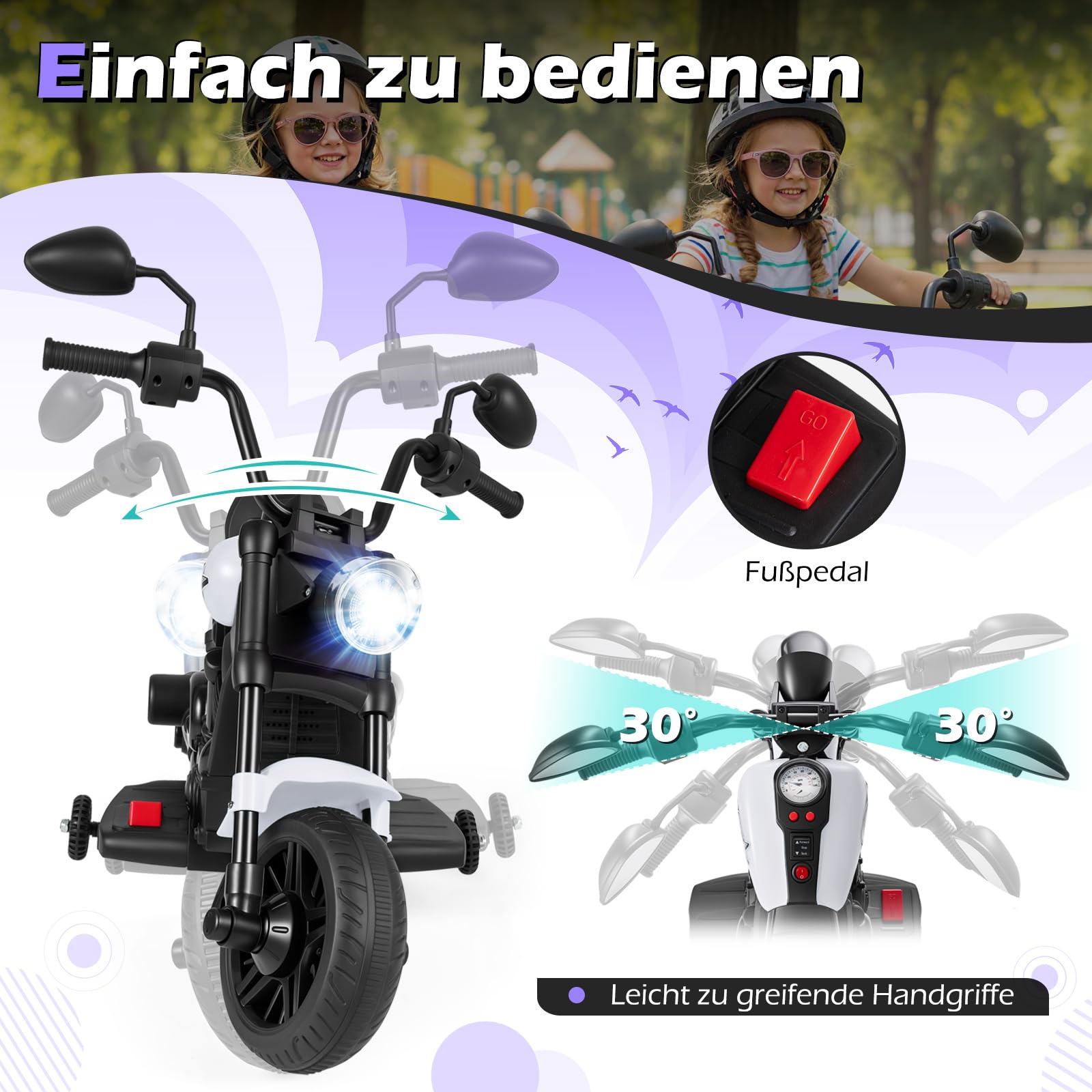 COSTWAY 6 V Kinder Motorrad Elektro, Kindermotorrad mit Scheinwerfer, Rückspiegel & 2 Stützrädern, Elektromotorrad mit Musik & Licht, 2,4 km/h, Elektrofahrzeug für Kinder ab 18 Monaten (Weiß)