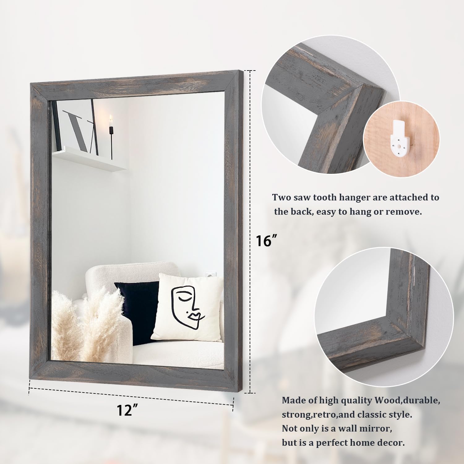 AAZZKANG Wooden Mirror Rectangle Rustic Mirrors for Wall Decorative for Bedroom Bathroom Living Room Entryway Hanging Home Decor image 2