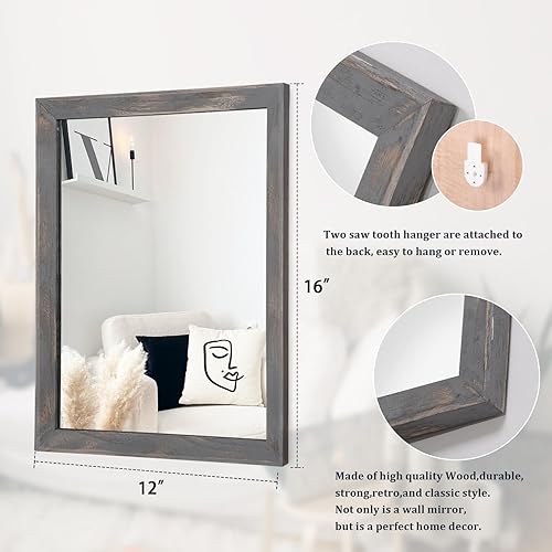 Vista 43 de AAZZKANG Espejos para pared, espejo colgante con marco de madera rústica, 20 x 16 pulgadas, decorativo para casa de campo, dormitorio, baño, sala