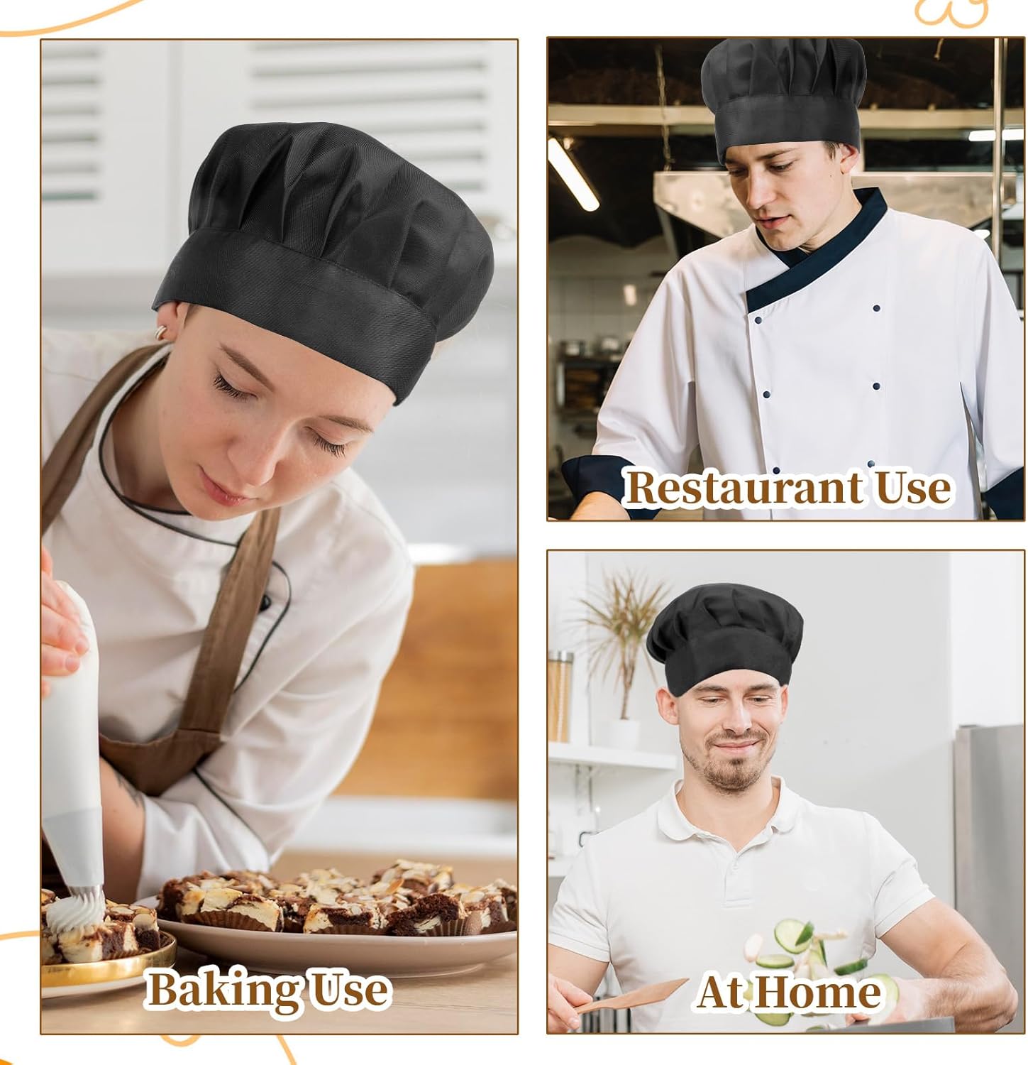 Black Chef Hat, 2 Pack Adjustable Elastic Baker Kitchen Cooking Chef Cap Adult Chefs Hat Reusable and Washable Durable Pure Cotton Cook Cap, Chef-Hats Set for Adult Cotton Baker Home Hotel Restaurant - Image 7