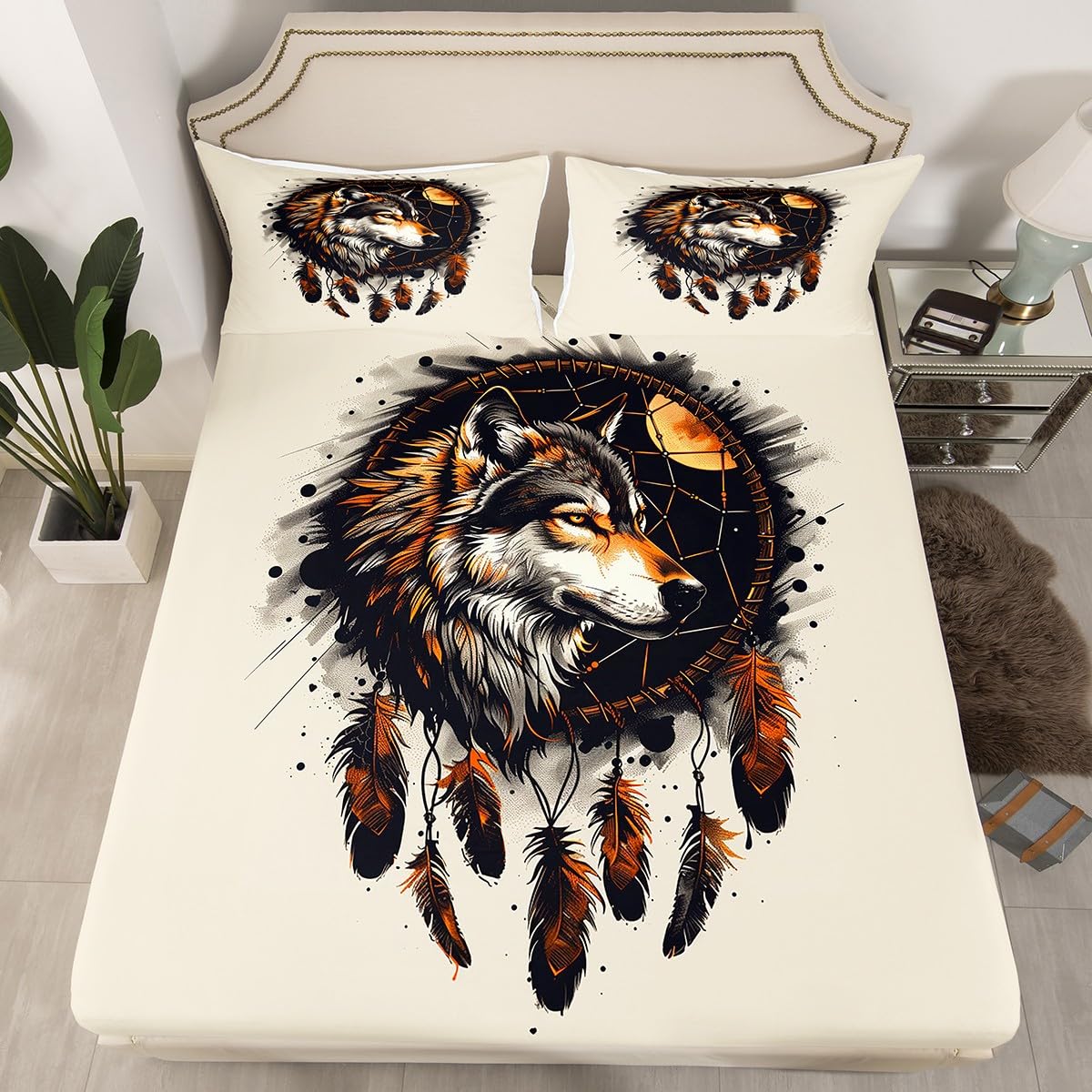 Exotic Wild Animal Fitted Sheet,Full Size Black Tie Dye Collections,Wolf Dream Catcher Bedding Deep Pocket for Children Teens Young with 2 Pillowcases(No Flat Sheet)