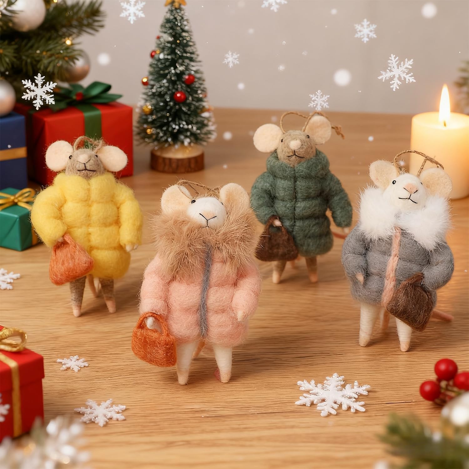 Set of 4 Christmas Felt Mice Ornaments, 4.7" Mini Hanging Wool Fashionable Mouse Figurines, Tiered Tray Tabletop Decor, Animal Crafts Cute Xmas Tree Holiday Easter Gifts Home Office Party Supply