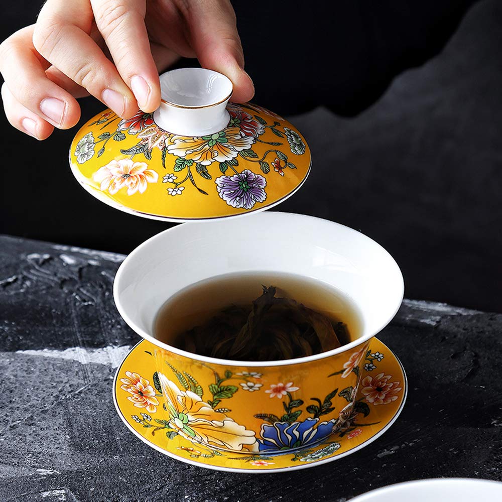 10 uncji duży, porcelanowy kubek do herbaty Kung Fu i spodek z pokrywką, chiński tradycyjny, miska na herbatę (żółty)