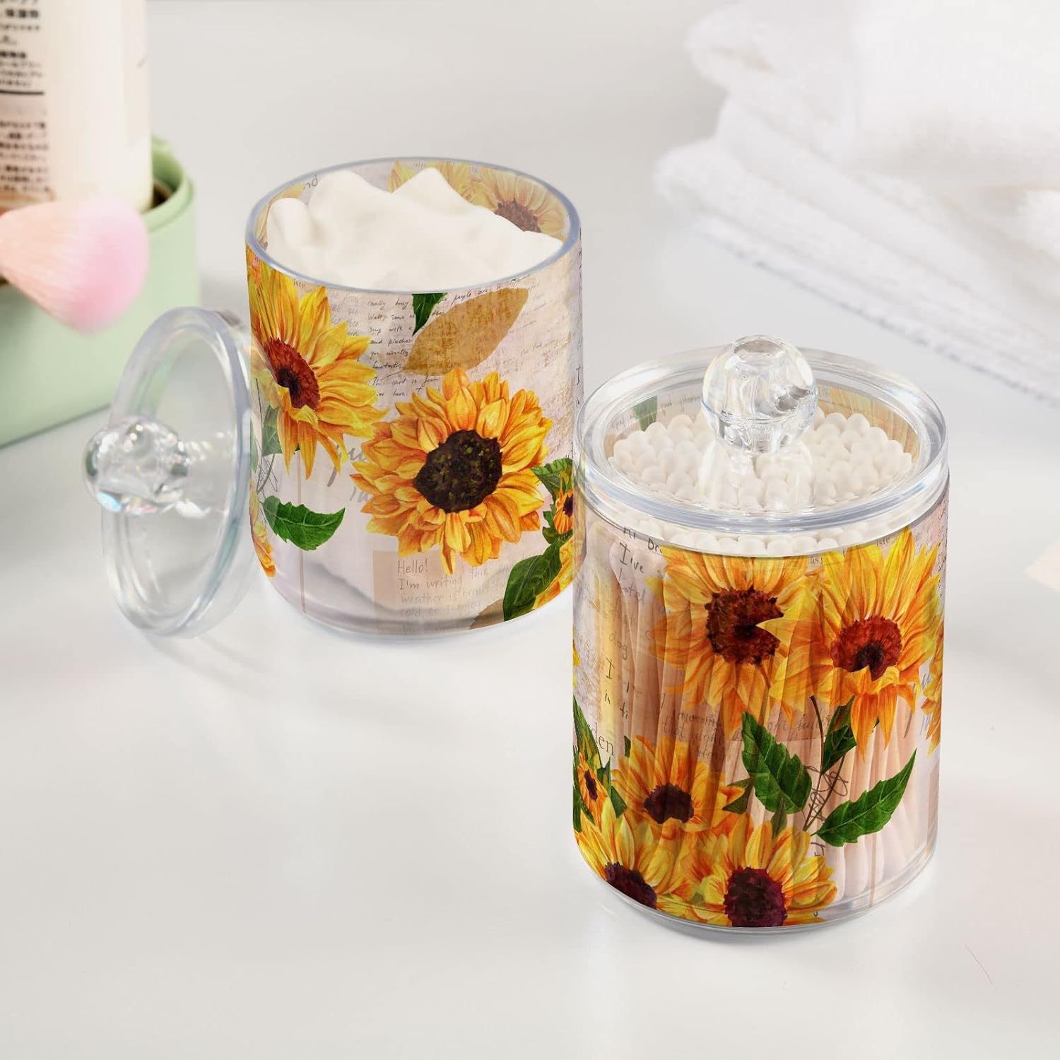 2 Pack Sunflower Qtip Holder Dispenser with Lid, 14 oz Clear Plastic Apothecary Jar Set for Bathroom Vanity Organizers Storage Containers