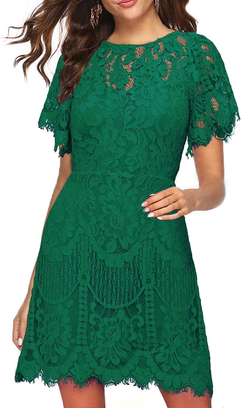 MSLG Women's Elegant Round Neck V-Back Wedding Guest Floral Lace Cocktail Party A Line Dress 910