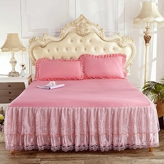 Sänglinne Bomull Spets Elastisk Fitted Dubbellakan Queen Madrass Protector Sängkläder Stretch Pad, Rosa2,endast lakan 180x200cm