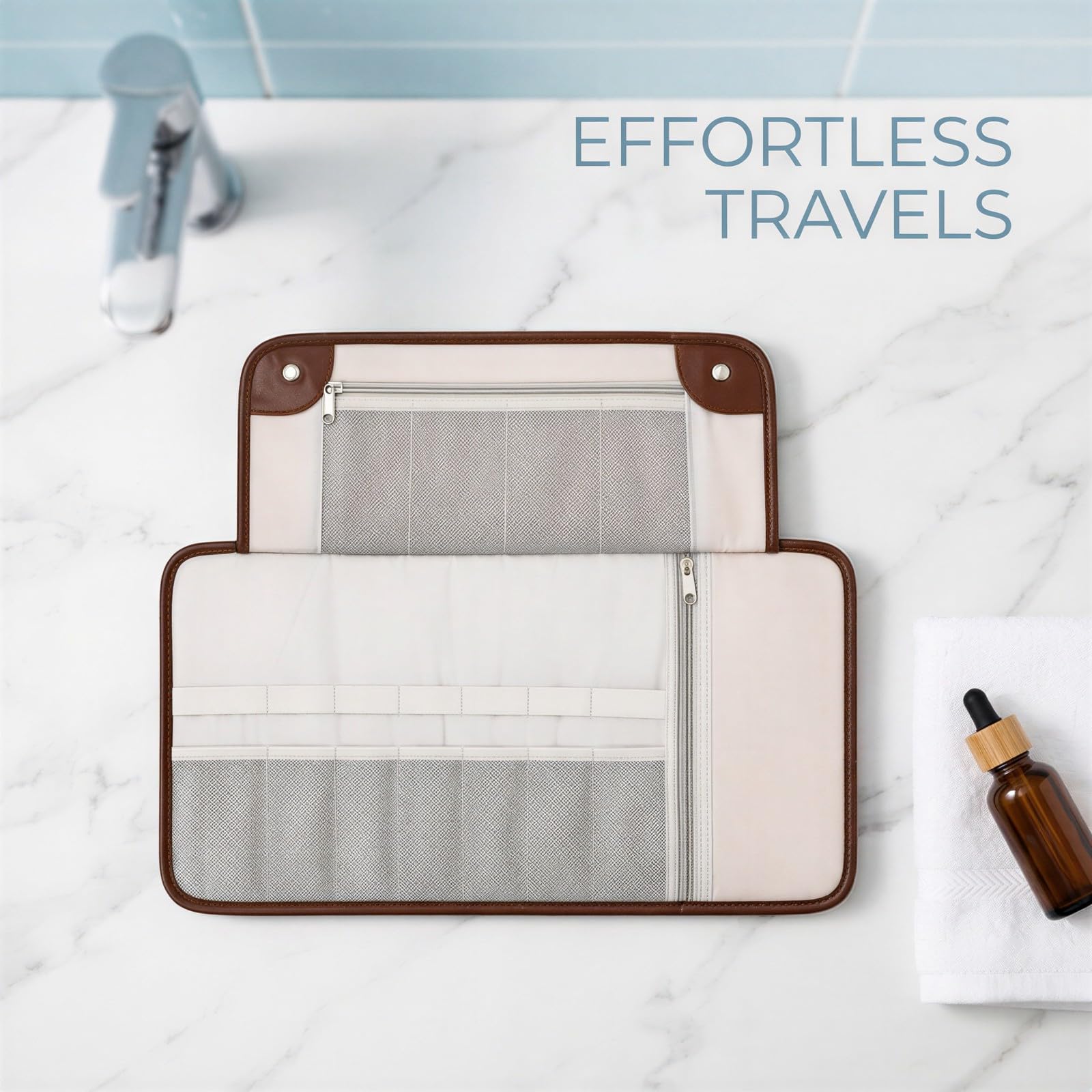 Trousse de Toilette pour Homme, Organiseur de Voyage Compact et Pliable en Cuir PU, 13 Poches, Pochette imperméable pour Rasage et Accessoires de Toilette