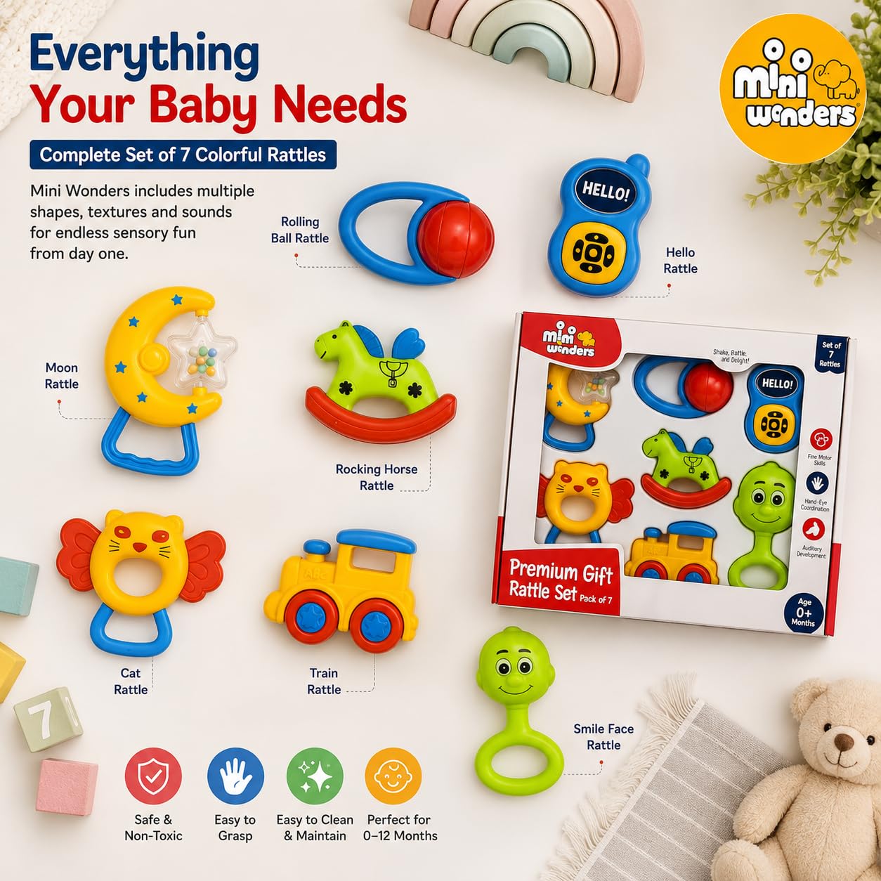 Mini Wonders Baby Rattle Set of 7 | Newborn Rattle Gift Set for Boys & Girls | Safe & Colorful Infant Toys for Early Learning & Sensory Play | Ideal Gift Pack for 0-12 Months Babies 3