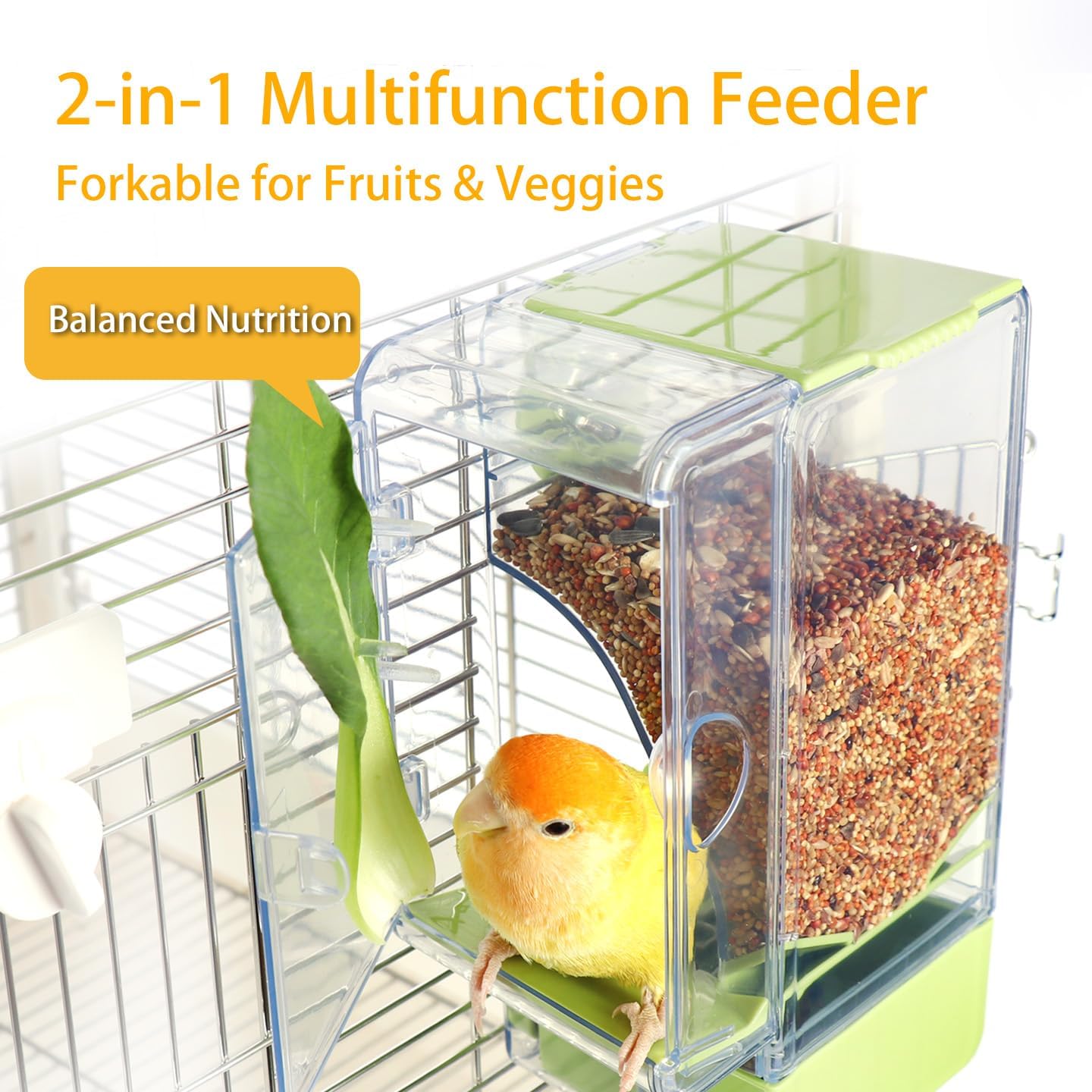 No Mess Bird Feeder with Veggie Skewer and Water Bottle Set, 15oz Feeder with Seed Hull Catcher + 4.7oz Leak-Proof Dispenser, Cage Accessories for Cockatiels, Conures, Parakeets, Lovebirds (Green) image 2