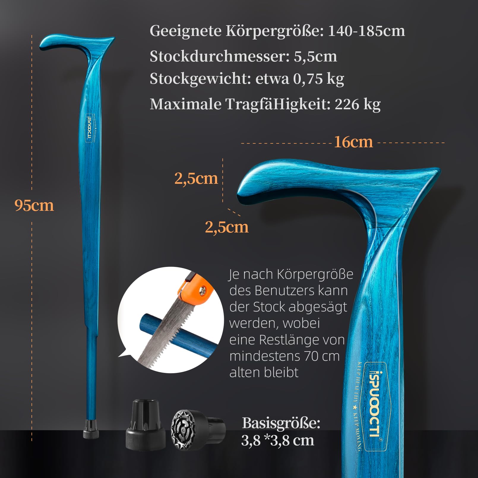 Gehstock aus Holz für Herren und Damen – Natürliches Massivholz, 3Gummifuß, Robust, mit Reisetasche – Ergonomische Gehstöcke für Senioren, Unisex- Spazierstock