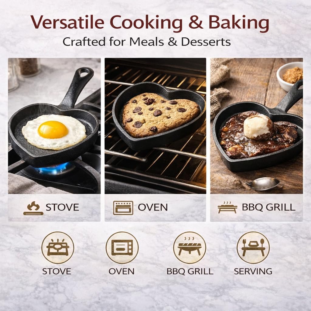 2 Pack Heart Shaped Cast Iron Skillet, 5 Inch Mini Cast Iron Skillets with Long Handle, Small Iron Skillet & Cast Iron Pan for Eggs, Cookies & Baking, Valentine’s Gift Set