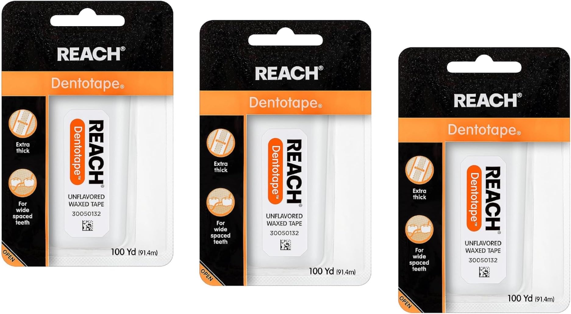 Dentotape Waxed Dental Floss with Extra Wide Cleaning Surface for Large Spaces between Teeth, Unflavored, 100 Yards (Pack of 3)