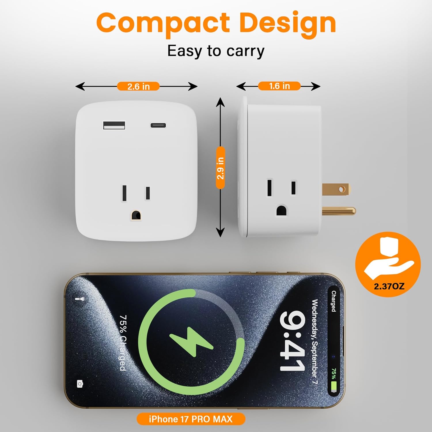 Multi Plug Outlet Extender, 3 AC Outlets with 2 USB Charging Ports (1 USB-C/1 USB-A), 3-Sided Power Strip with Lip, Small Wall Tap Plug Splitter for Cruise Dorm Essentials Home Office, ETL Listed