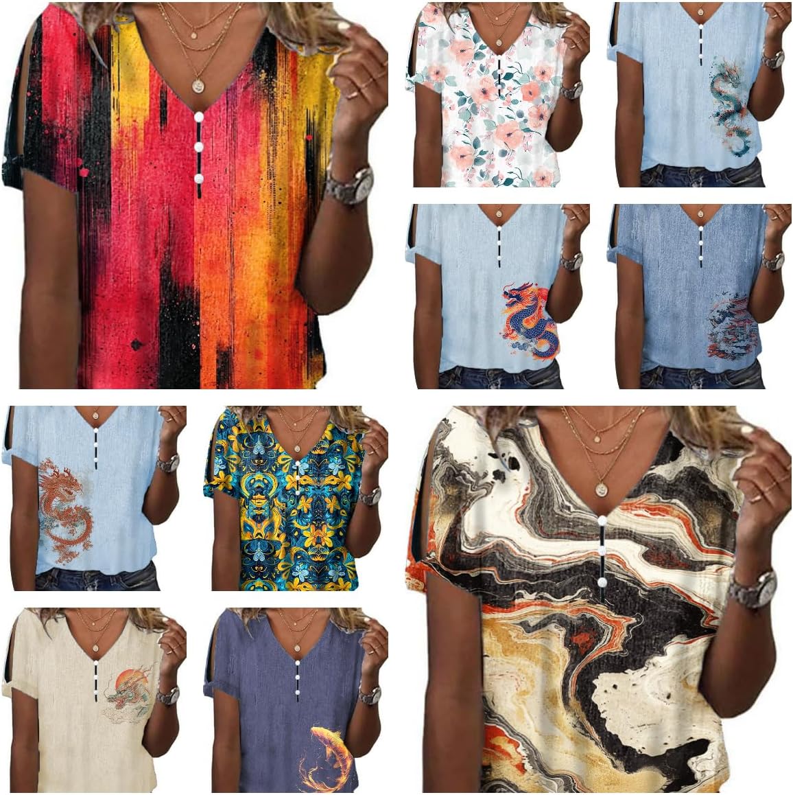 Summer Tops for Women Marble Graphic Fashion Short Sleeve V Neck Blouses Dressy Casual Vacation Fashion Shirts - Image 2