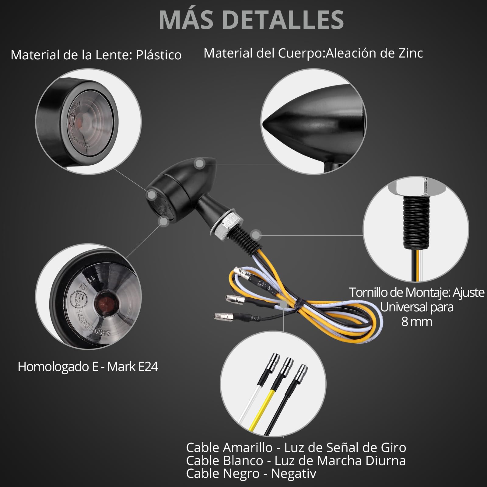 Justech 2PCS Mini Intermitentes de Moto Homologado E-Mark E24,12V LED Luz de Advertencia,Luz de Freno,Impermeable IP65 Universal para M8 Motos Scooters(Ámbar+Blanco)
