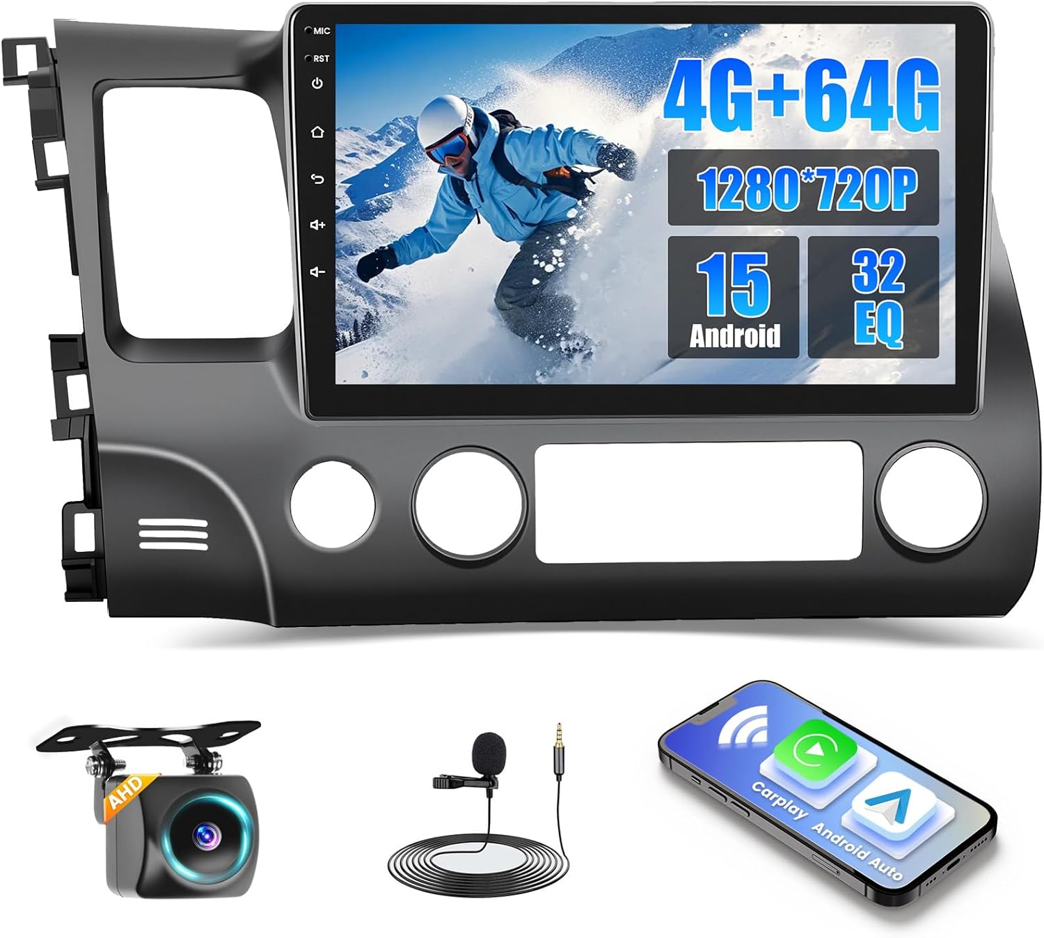 [4+64G] Android 15 Car Stereo for Honda Civic 2006-2011 with Wireless CarPlay Android Auto, 10 Inch Touchscreen Car Radio for Civic with GPS, WiFi, 32EQ, UI, Bluetooth 5.0, FM/RDS, Backup Camera