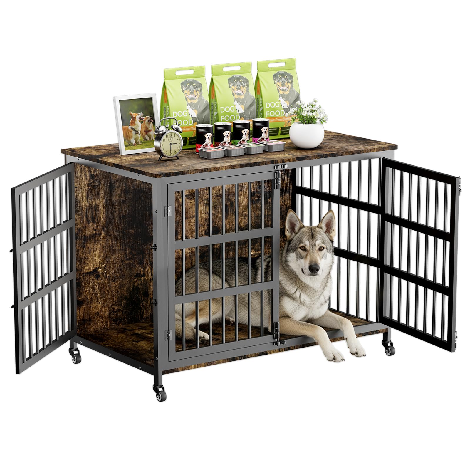 Photo 1 of 46" Dog Crate Furniture with Wheels, XXL Heavy Duty Dog Kennel Indoor for XL Dogs, Metal Chew-Proof Dog Cage, 45.9" L x 27.6" W x 32.4" H, Decorate House as TV Stand, End Table — Rustic Brown