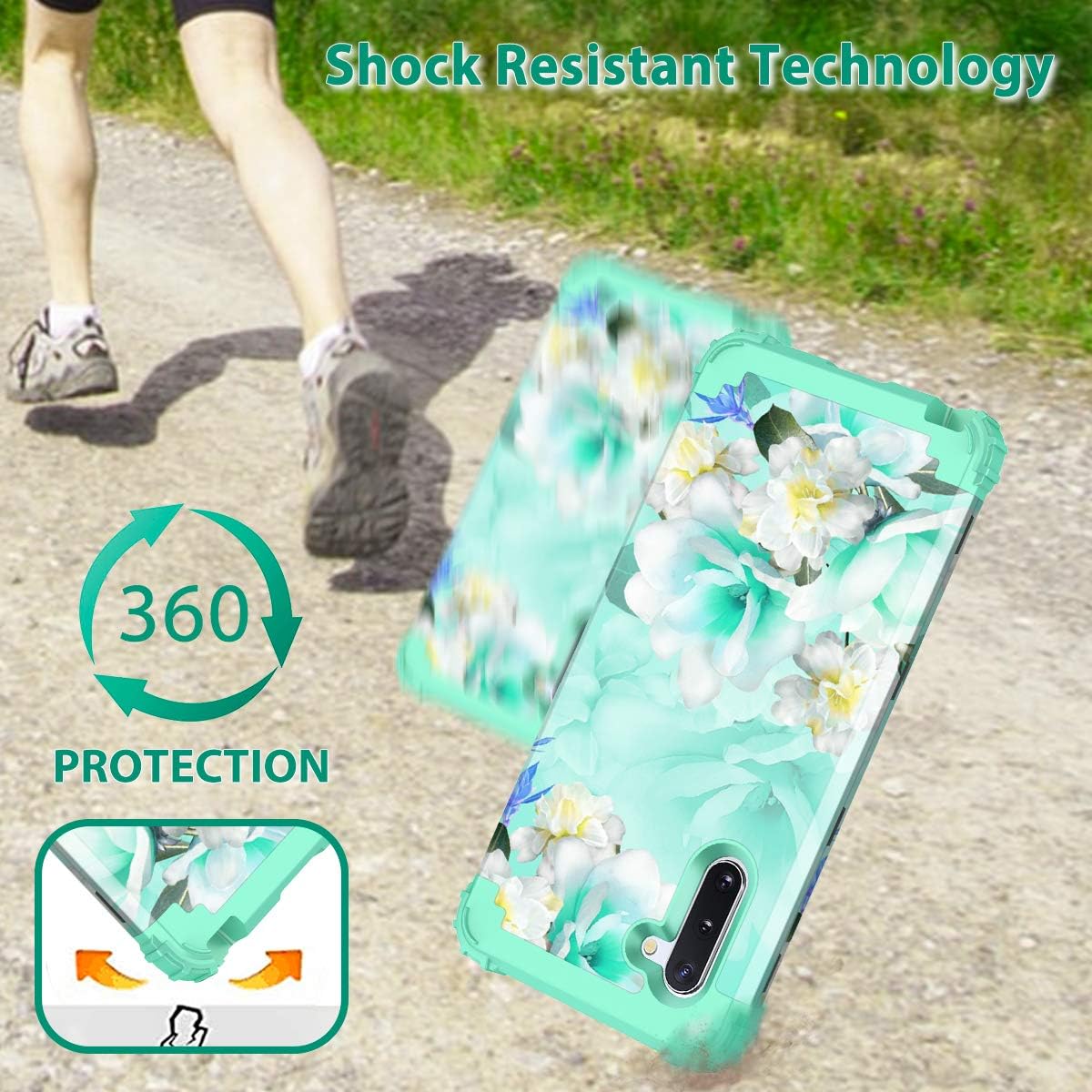 Casetego Compatible with Galaxy Note 10 Case,Floral Three Layer Heavy Duty Hybrid Sturdy Shockproof Full Body Protective Cover Case for Samsung Galaxy Note 10,Green/White