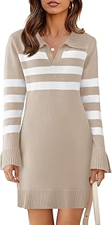 Womens Striped Sweater Dress V Neck Collared Long Sleeve Slim Fit Ribbed...