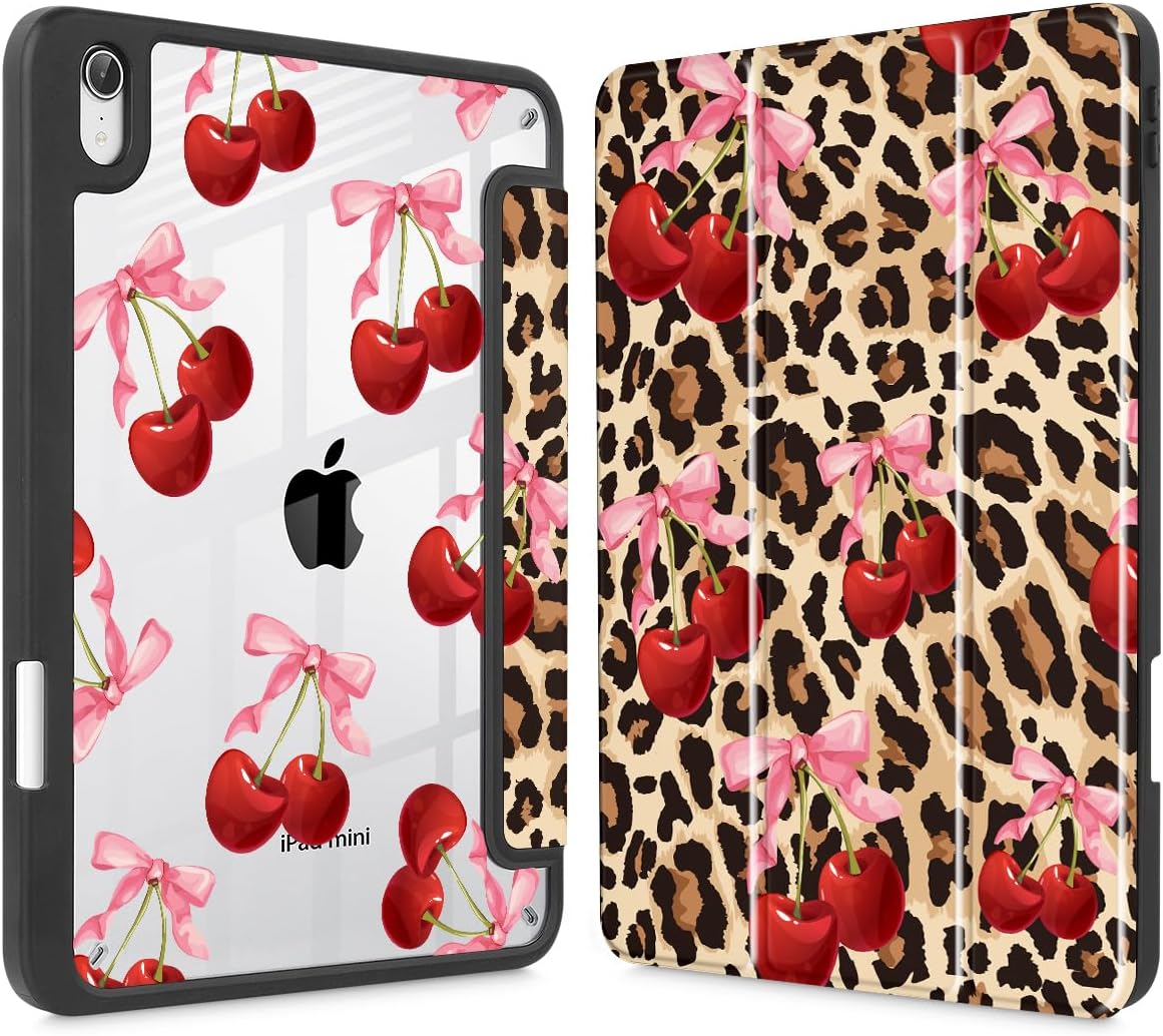 May Chen Slim Case for iPad mini 7 (A17 Pro, 7th Generation) 2024 / iPad mini 6 (6th Gen) 8.3 Inch, [Built-in Pencil Holder] Shockproof Cover Clear Clear Back Shell Auto Wake/Sleep, Cherry & Cheetah