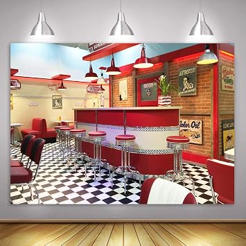 7x5ft Classic Dining Background الوجبات السريعة Soda Shop 50s Resumed Catering Meal Time Background Photography Banner Picture Child Birthday Shower Backdrop Decor BJHXME279