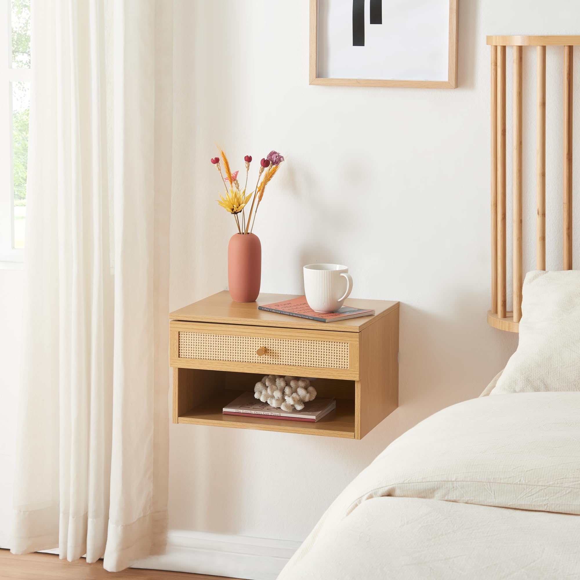 [en.casa] Comodino da Parete con Cassetto e Scomparto Aperto Consolle a Muro con Foro Passacavi Mobiletto Sospeso da Ingresso Soggiorno 40x32x23 cm Effetto Rovere/Rattan