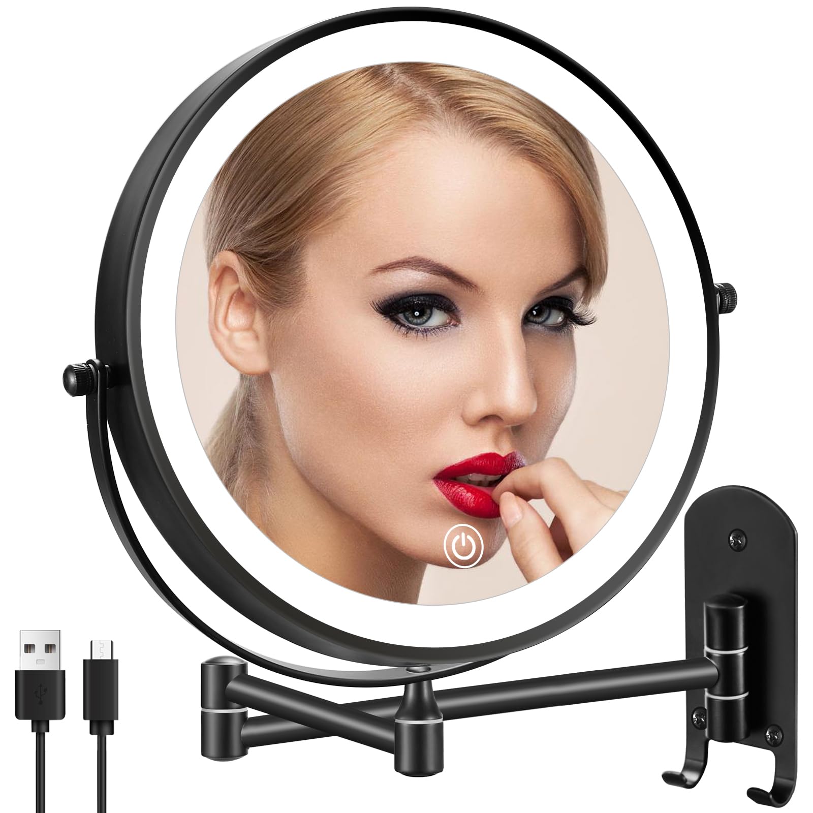 9" Rechargeable Wall Mounted Lighted Makeup Mirror, Double Sided 1X/10X Magnifying Mirror with 3 Color Lights Dimmable, Bathroom Mirror with Hook, Black