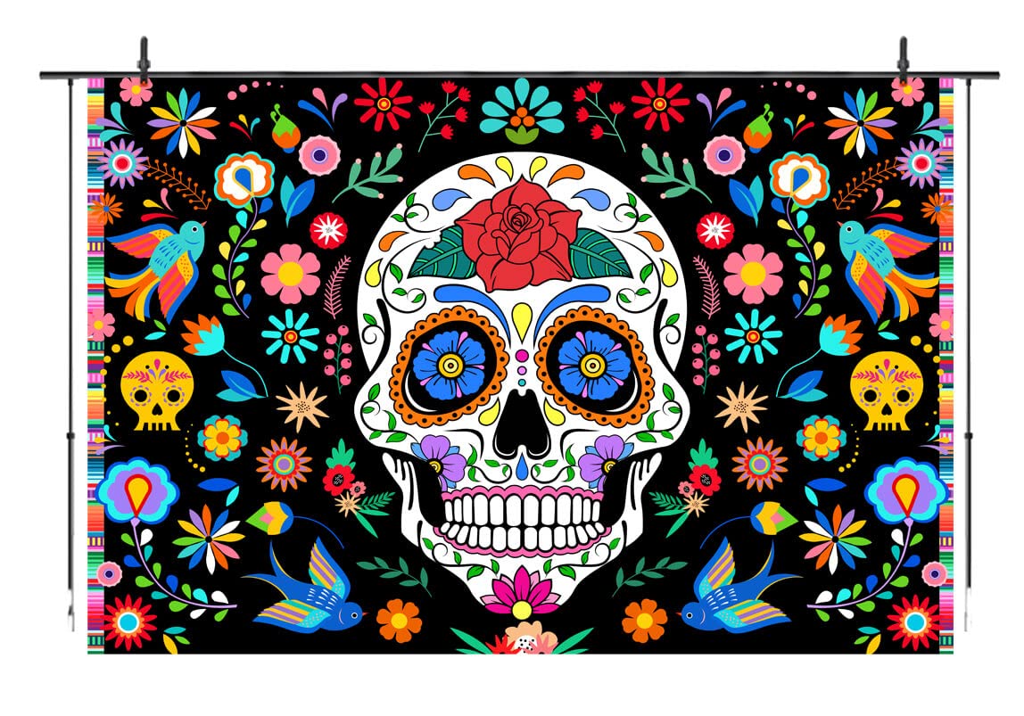 死者の日をテーマにした背景幕 10x8フィート メキシカンフィエスタ Dia De Los Muertos スカルフラワー 写真撮影  カラフルなメキシコ スカル背景 かわいい\, image size:1148x803