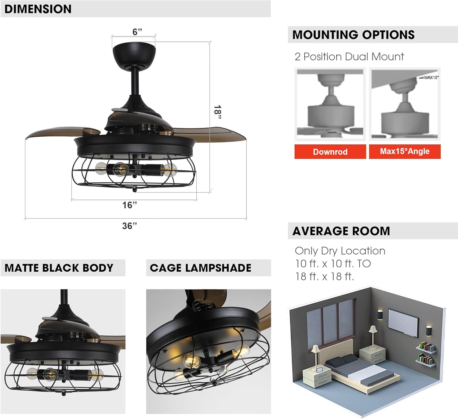 Parrot Uncle Ceiling Fans with Lights and Remote Black Bedroom Ceiling Fan with Light and Retractable Blades, 36 Inch