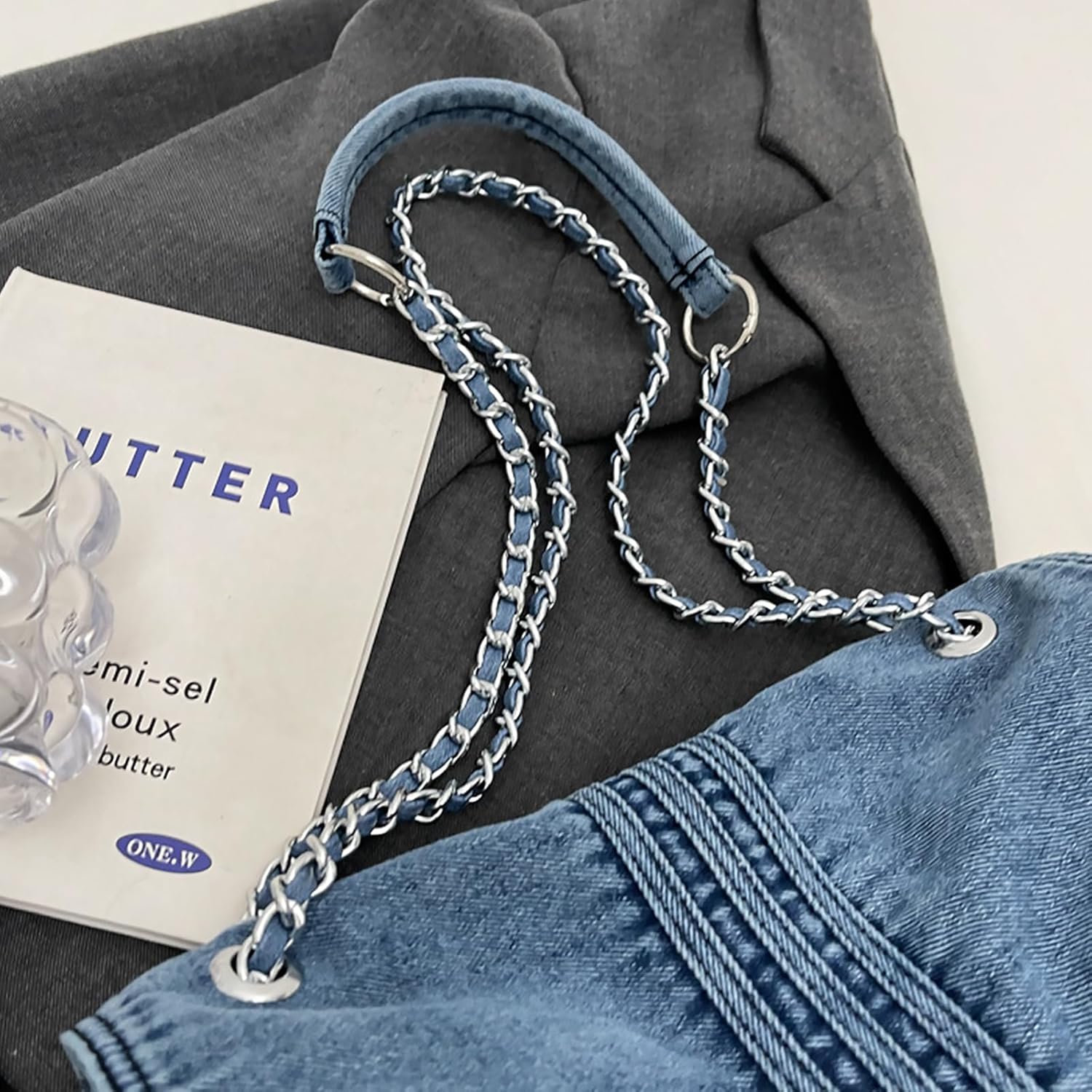 Denim Purse for Women Trendy Jean Purses Large Denim Tote Bag Fashion Crossbody Bags with chain - Image 7