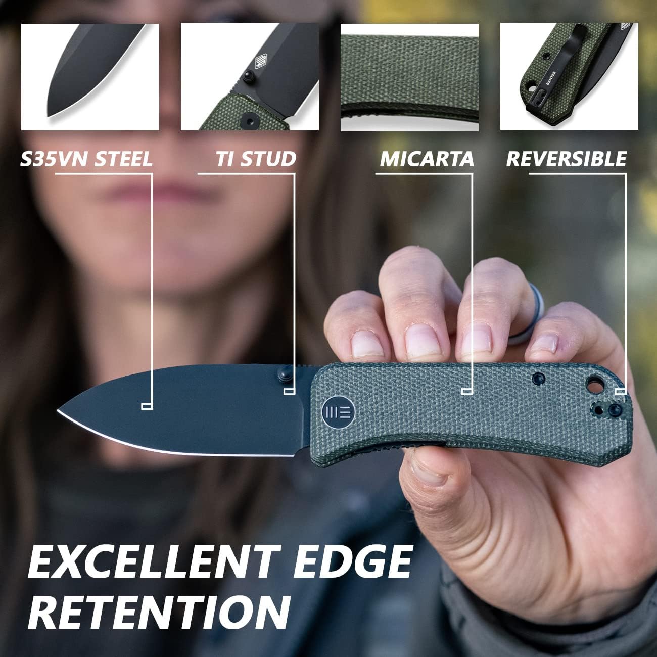WeKnife Banter Pocket Knife for EDC, Ben Petersen Folding Knife with 2.9”S35VN Blade Green Micarta Handle, Titanium Thumb Stud Opener 2004J (Green)