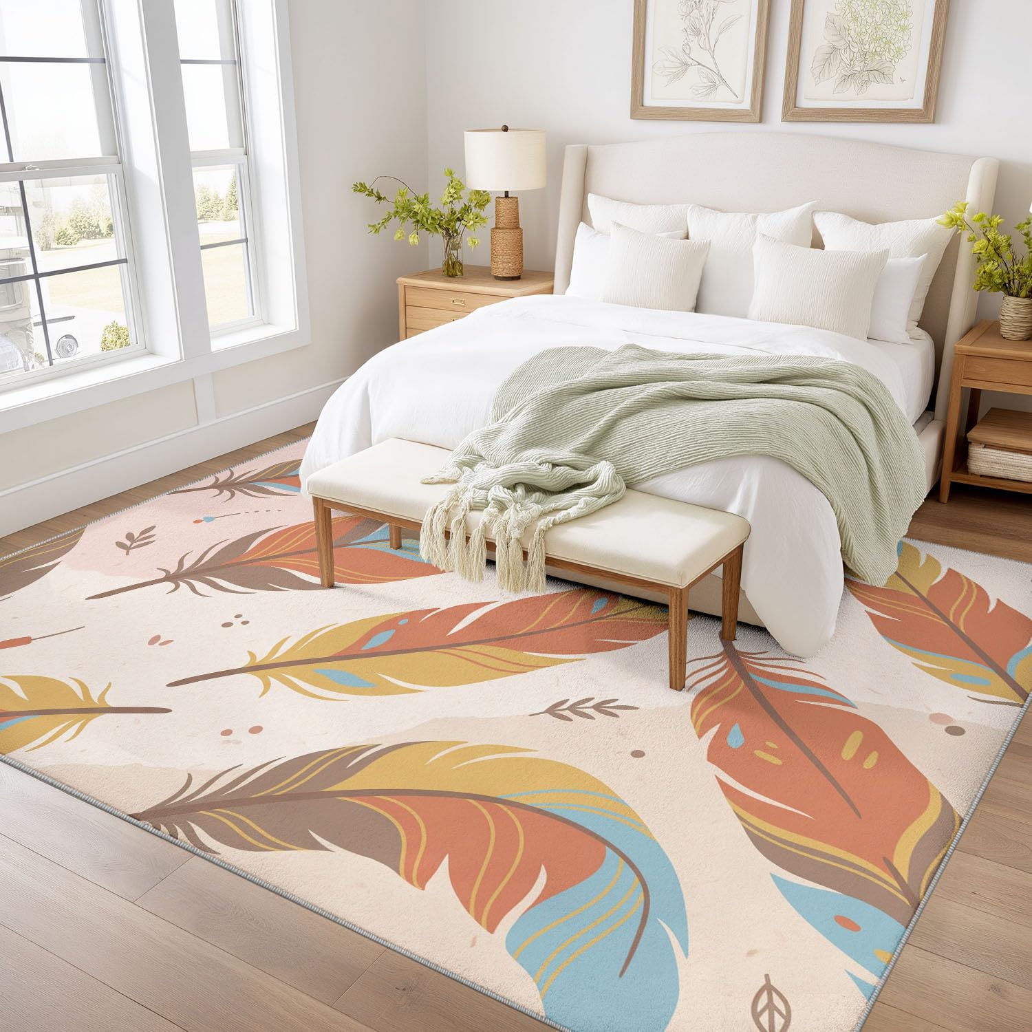 Générique Tapis Lavable en Bohème Naturel 60 x 120 cm, Tapis Frais Plume pour l’entrée du Salon Moquette intérieure antidérapante à Poil Bas pour la décoration de la Chambre