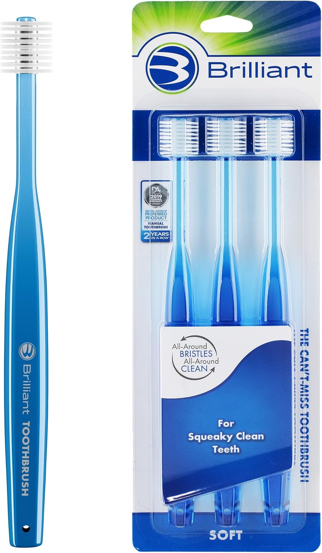 Brilliant Oral Care Adult Toothbrush with Soft Bristles, Round Head, and All-Around Clean for Teeth and Gums, Blue, 3 Pack