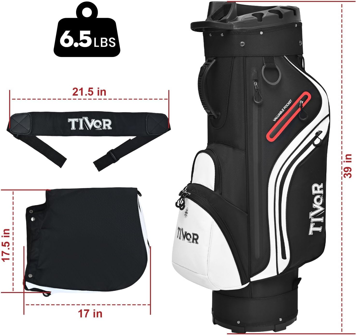 2026 T-Lock Golf Cart Bag, 14-Way Full-Length Dividers, 9 Pockets, Easy-Access Handle, Ergonomic Straps, Rain Cover, for Cart and Walking, Black & White