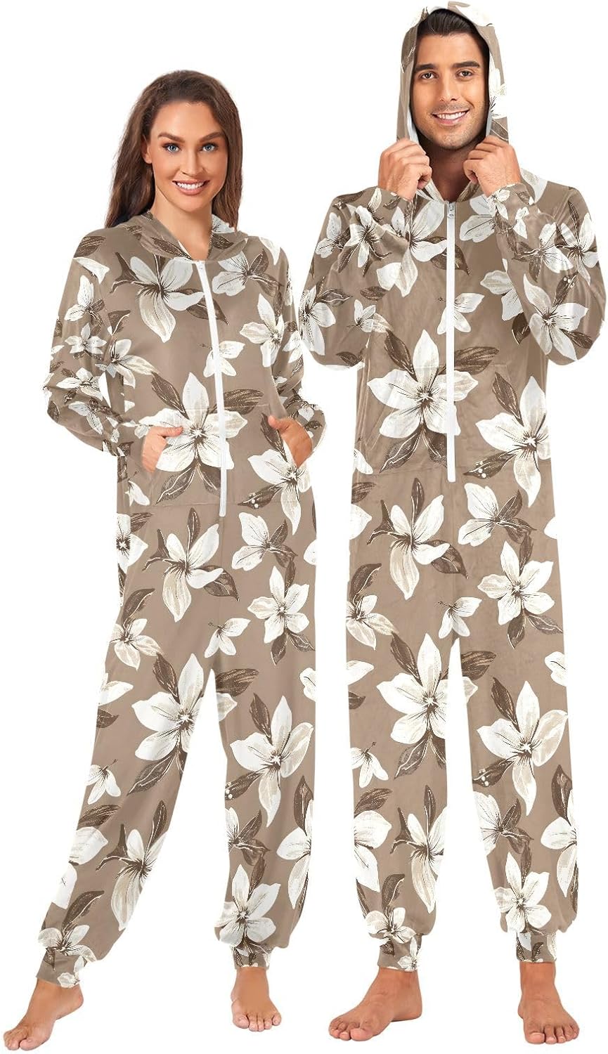 Vintage White Flowers Brown Adult Onesie Pajamas Novelty One Piece Costume Sleepwear Jumpsuits Matching PJS